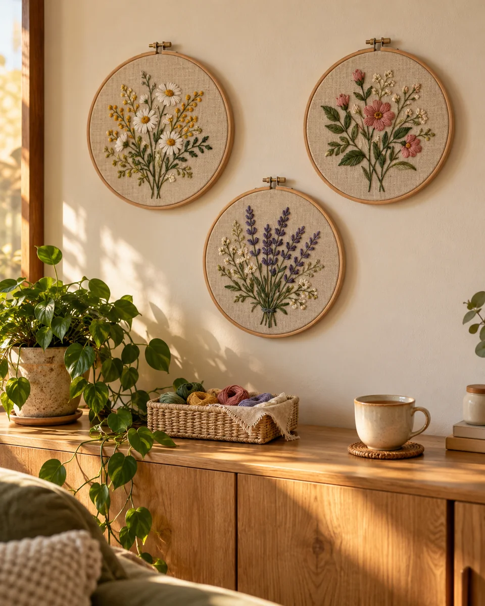 Três bastidores florais na parede de um ambiente com chá e elementos de ateliê.