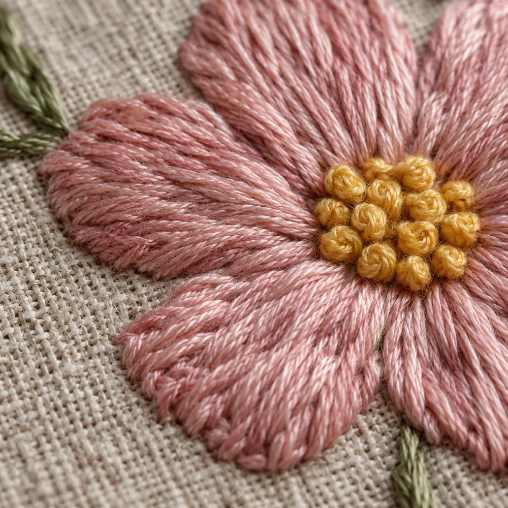 Detalhe de uma flor rosa bordada em linho, com pontos e nós franceses.