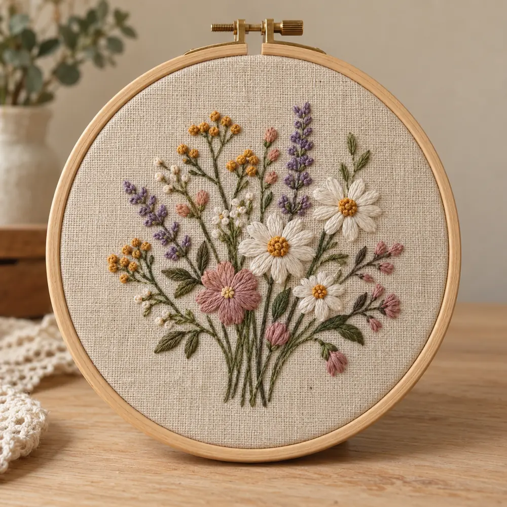 Bastidor com um buquê bordado de flores do campo.