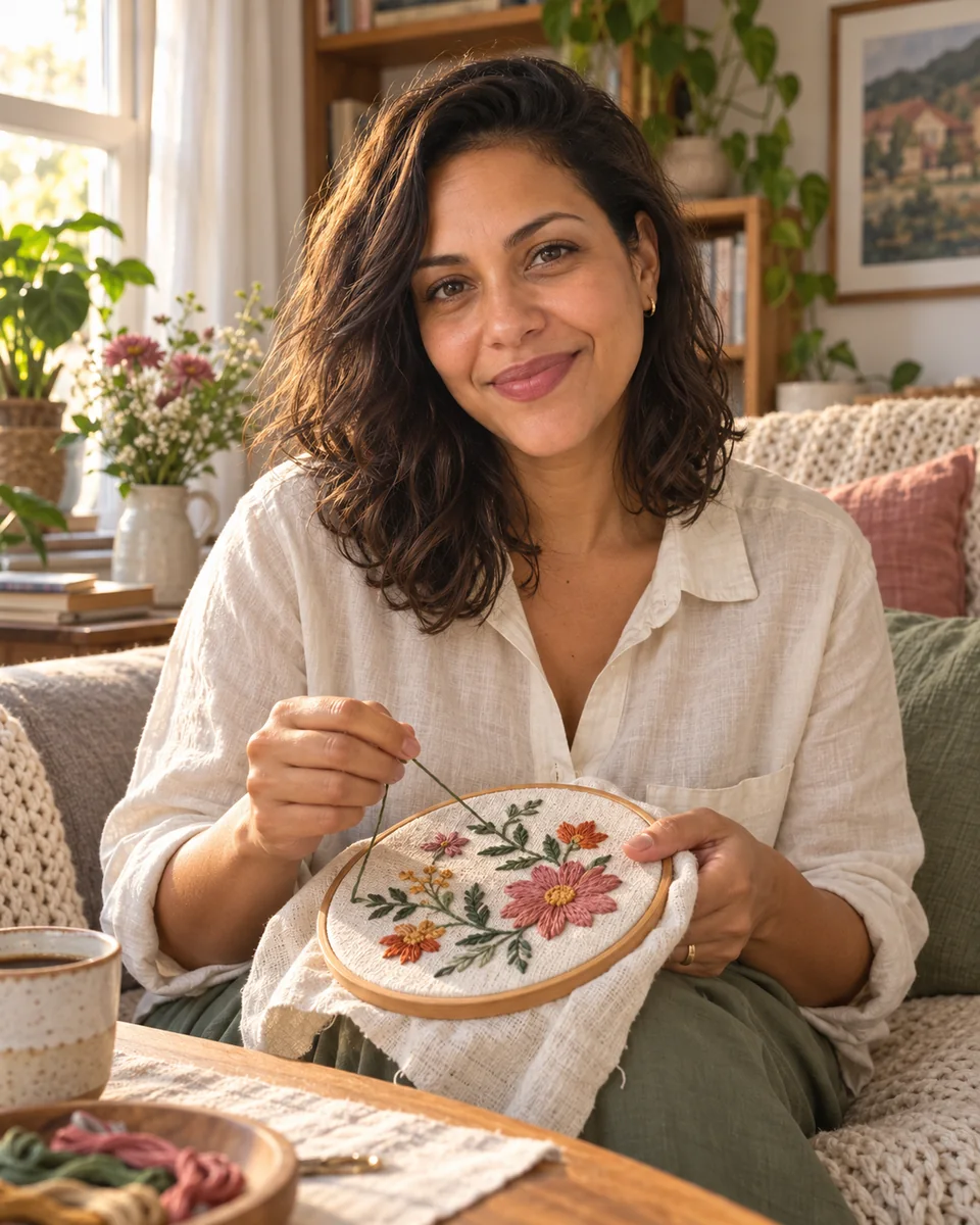 Gaby sentada no sofá, com agulha e bastidor floral nas mãos.
