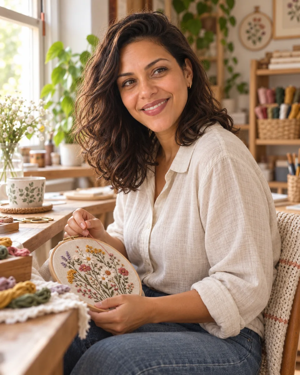 Retrato de Gaby sorrindo no ateliê.