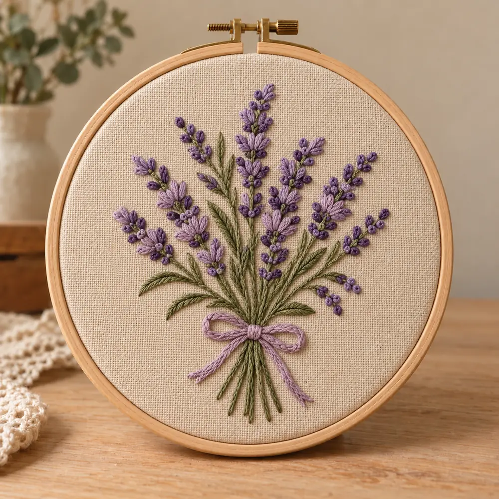 Buquê de lavanda bordado em tecido num bastidor.