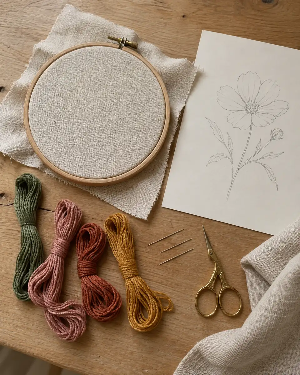 Bastidor floral, linhas, risco e tesoura sobre uma mesa de madeira.